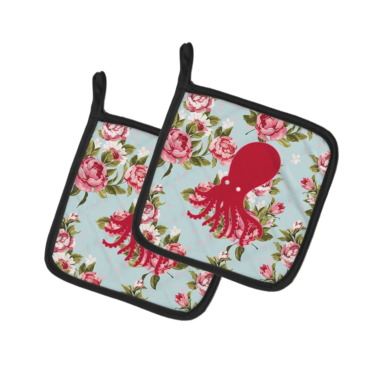 Octopus Shabby Chic Blue Roses Pair of Pot Holders