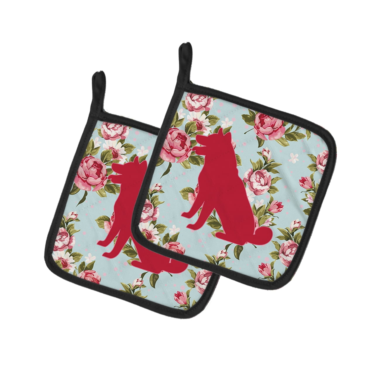Caroline's Treasures BB1113-RS-BU-PTHD Shiba Inu Shabby Chic Blue Roses Pair of Pot Holders , 7.5HX7.5W, multicolor
