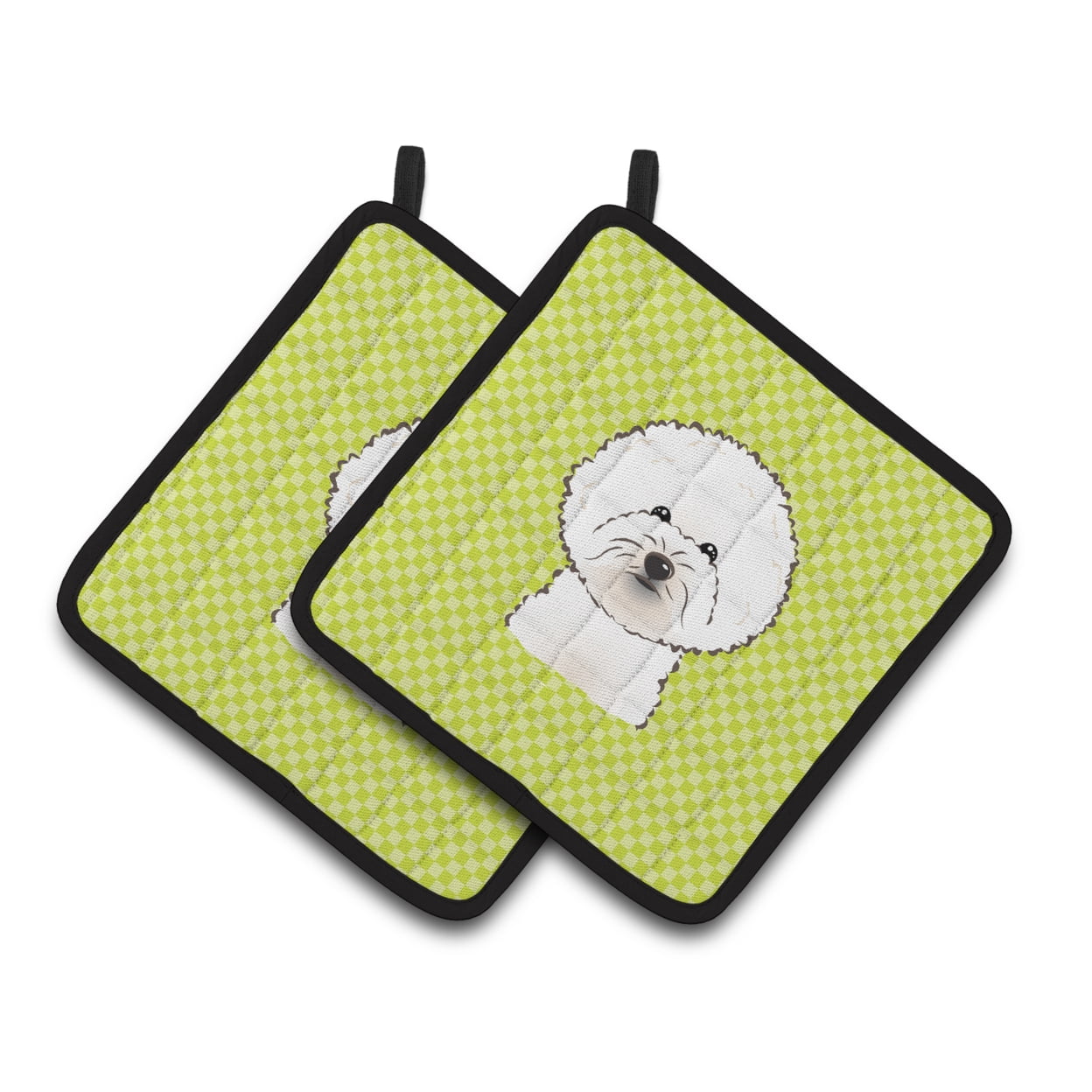Checkerboard Lime Green Bichon Frise Pair of Pot Holders