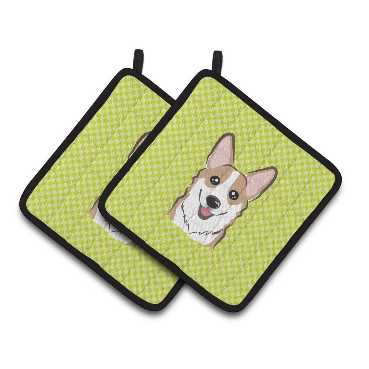 Caroline's Treasures BB1315PTHD Checkerboard Lime Green Corgi Pair of Pot Holders , 7.5HX7.5W, multicolor