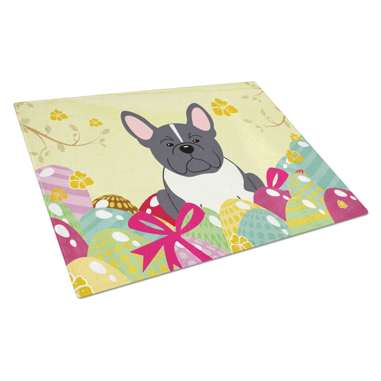 Caroline's Treasures BB6012LCB Easter Eggs French Bulldog Black White Glass Cutting Board Large, 12H x 16W, multicolor
