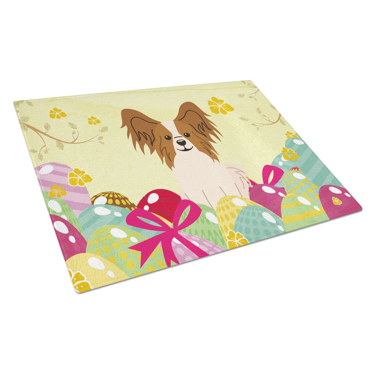 Caroline's Treasures BB6078LCB Easter Eggs Papillon Red White Glass Cutting Board Large, 12H x 16W, multicolor