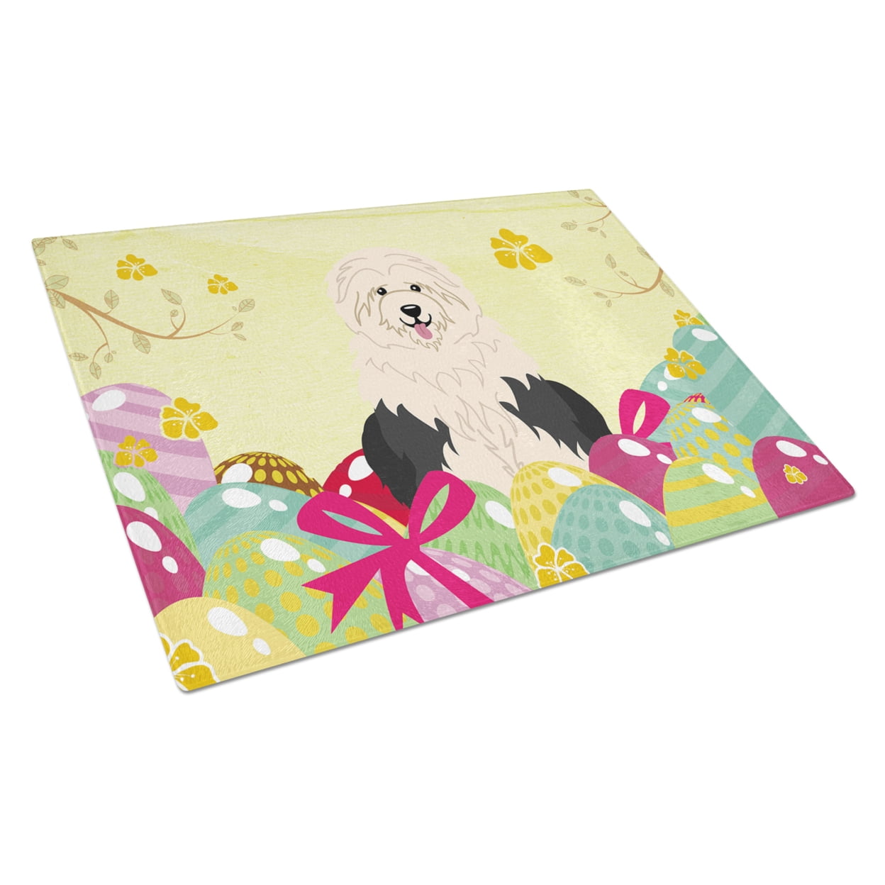 Caroline's Treasures BB6096LCB Easter Eggs Old English Sheepdog Glass Cutting Board Large, 12H x 16W, multicolor