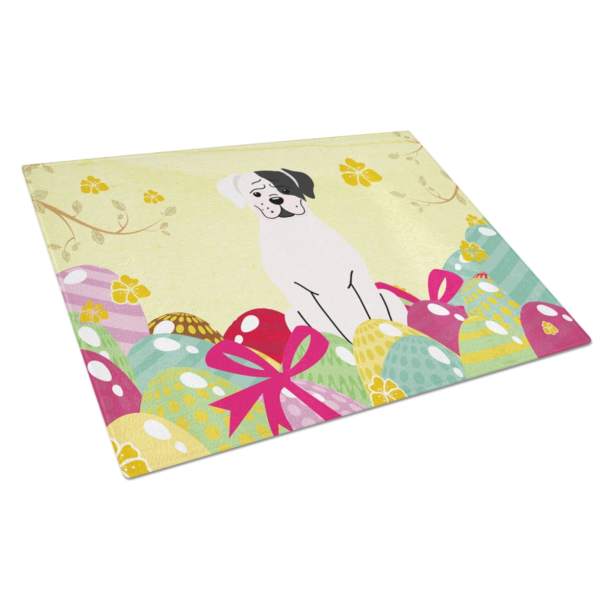 Caroline's Treasures BB6114LCB Easter Eggs White Boxer Cooper Glass Cutting Board Large, 12H x 16W, multicolor