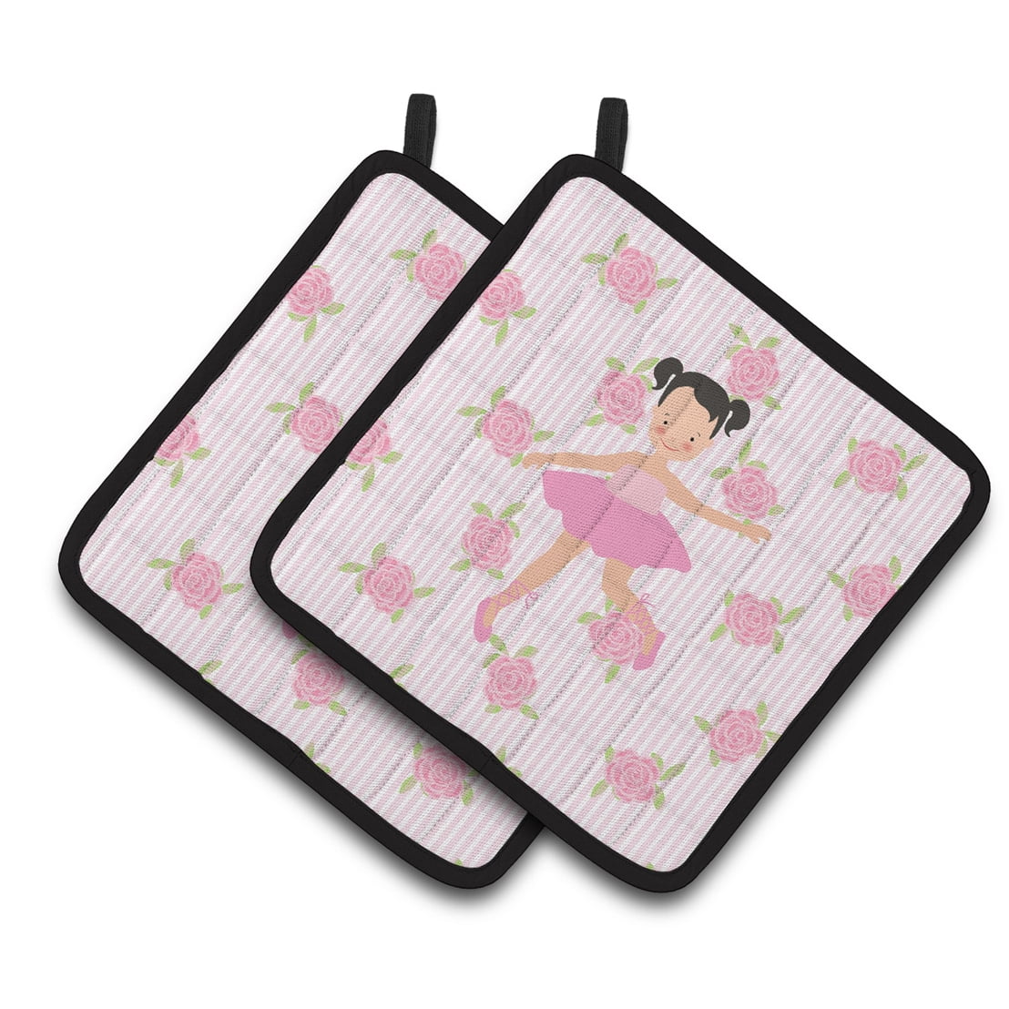 Caroline's Treasures Ballerina Black Hair Ponytails Pair of Pot Holders