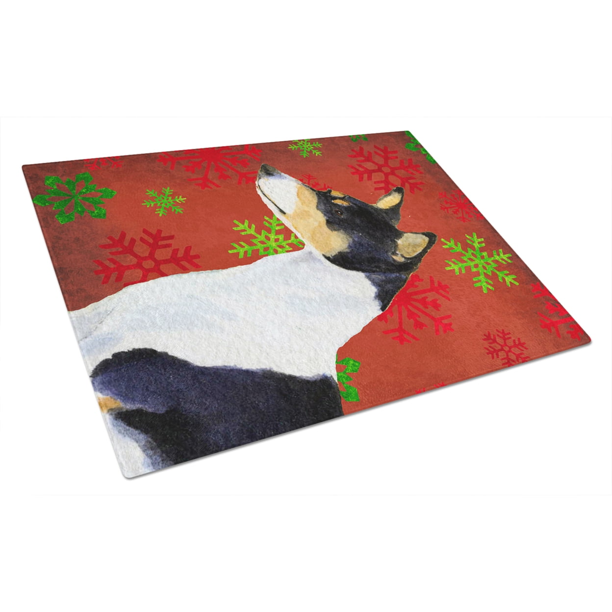 Caroline's Treasures Basenji Red and Green Snowflakes Holiday Christmas Glass Cutting Board Large