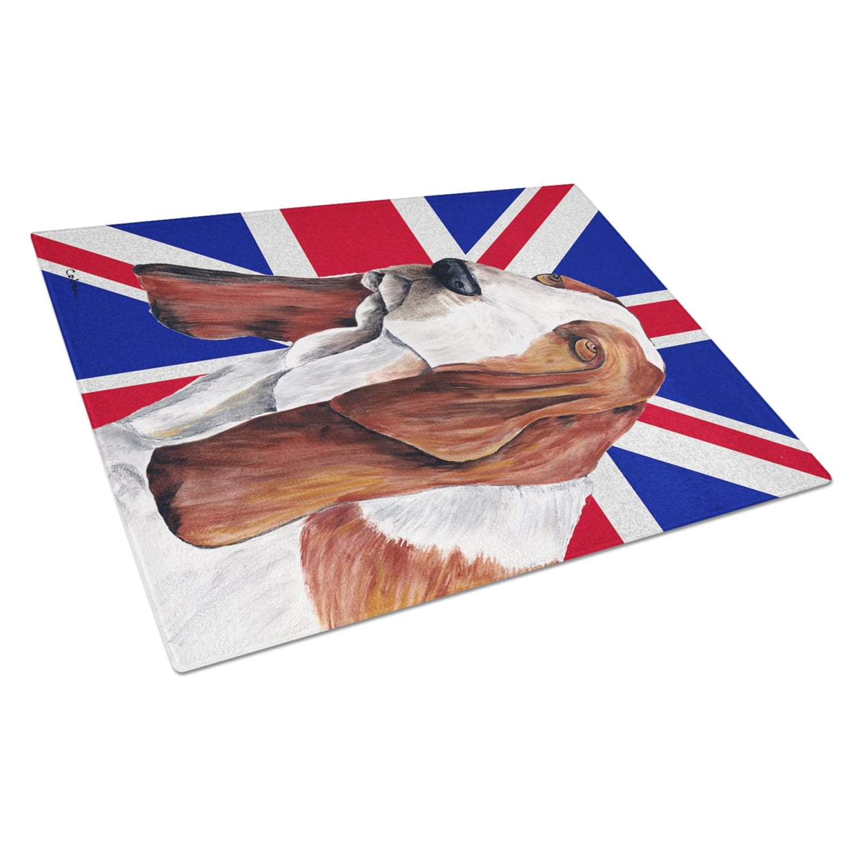 Caroline's Treasures Basset Hound with English Union Jack British Flag Glass Cutting Board Large Size