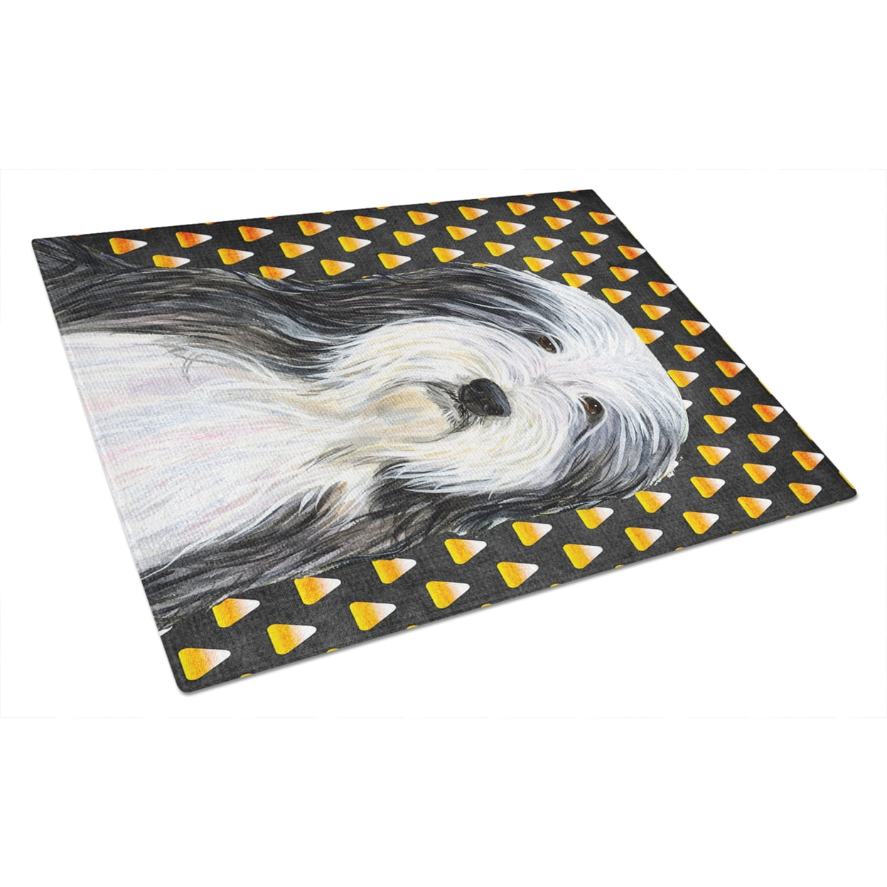 Caroline's Treasures Bearded Collie Candy Corn Halloween Portrait Glass Cutting Board Large
