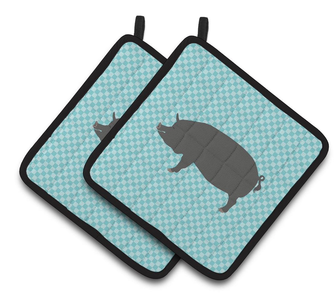 Caroline's Treasures Berkshire Pig Blue Check Pair of Pot Holders