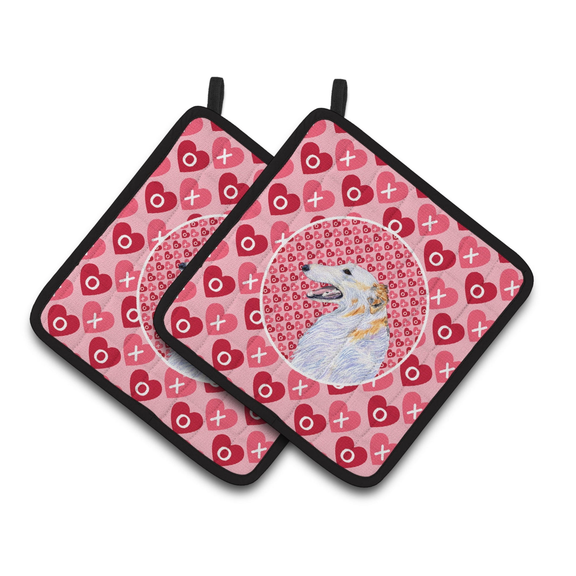 Borzoi Hearts Love and Valentine's Day Portrait Pair of Pot Holders