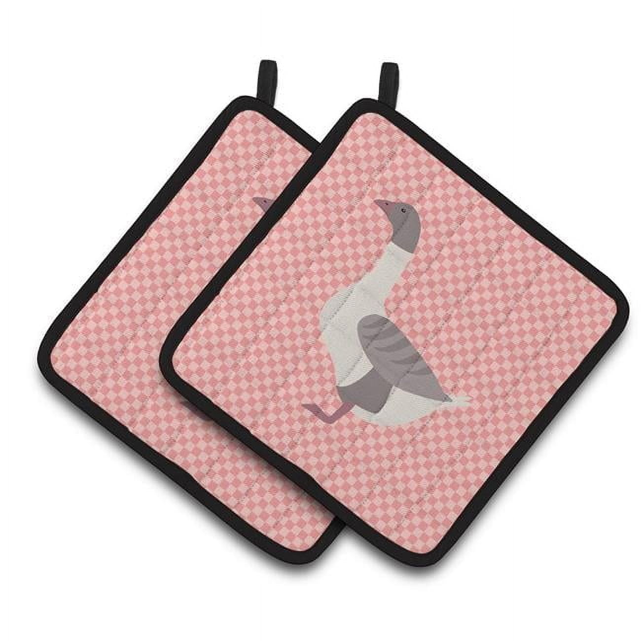 Caroline's Treasures Buff Grey Back Goose Pink Check Pair of Pot Holders