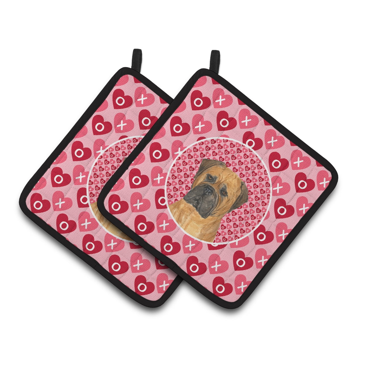 Bullmastiff Hearts Love and Valentine's Day Portrait Pair of Pot Holders