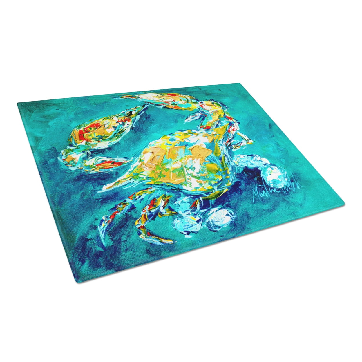 Caroline's Treasures By Chance Crab in Aqua blue Glass Cutting Board Large Size