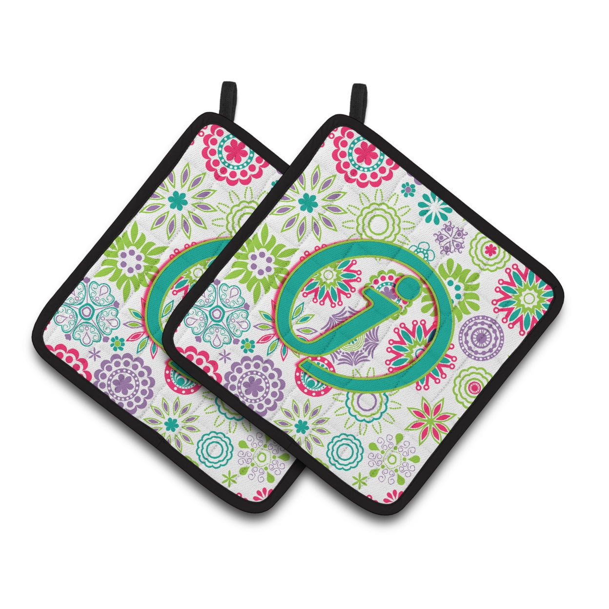 Caroline's Treasures CJ2011-JPTHD Letter J Flowers Pink Teal Green Initial Pair of Pot Holders, 7.5HX7.5W, multicolor