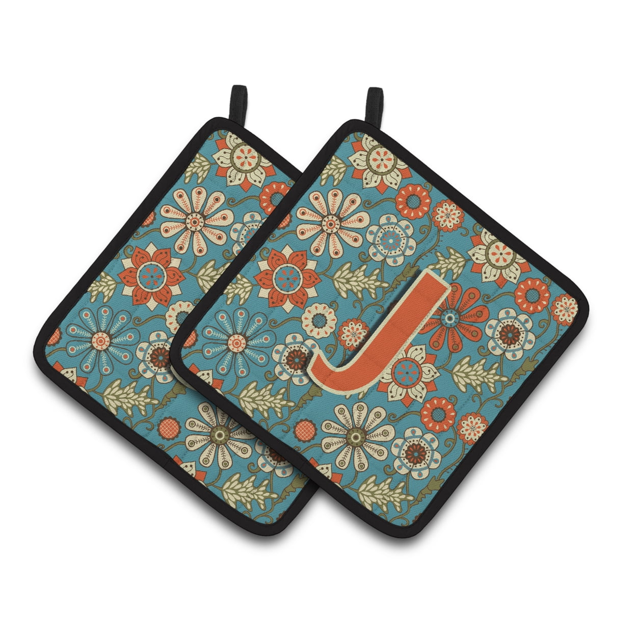 Caroline's Treasures CJ2012-JPTHD Letter J Flowers Retro Blue Pair of Pot Holders, 7.5HX7.5W, multicolor