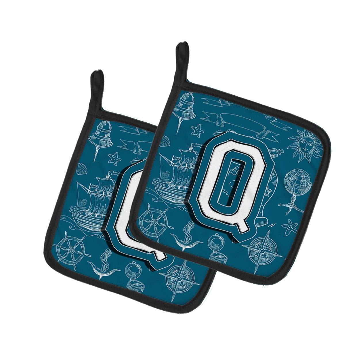 caroline's treasures letter q sea doodles initial alphabet pair of pot holders cj2014-qpthd, 7.5hx7.5w, multicolor