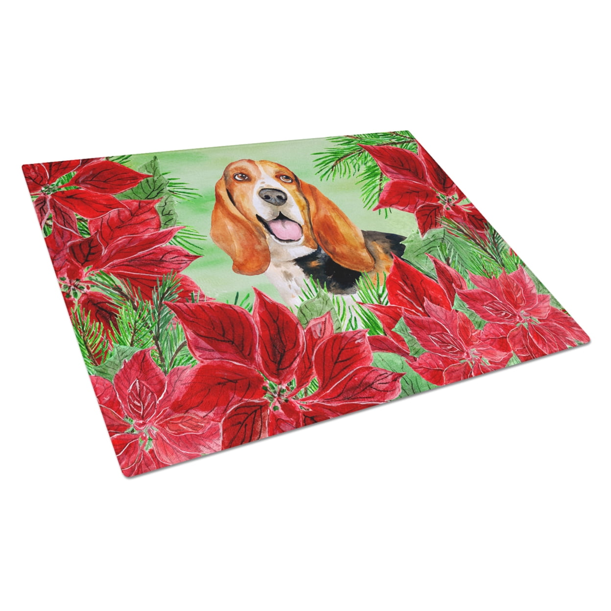 Caroline's Treasures CK1352LCB Basset Hound Poinsettas Glass Cutting Board Large, 12H x 16W, multicolor
