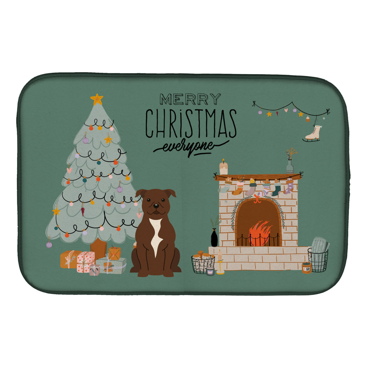 Chocolate Staffordshire Bull Terrier Christmas Everyone Dish Drying Mat