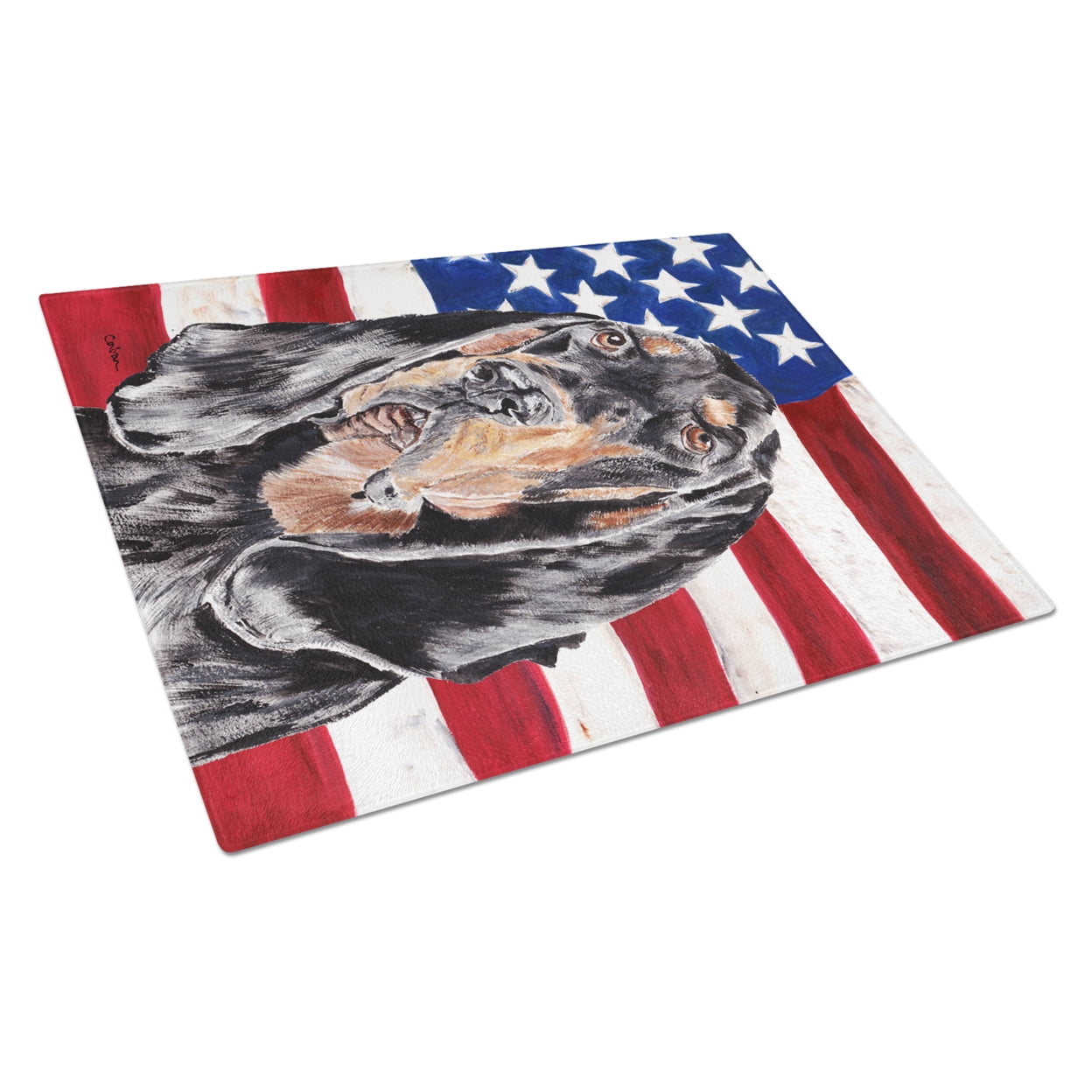 Caroline's Treasures Coonhound Black and Tan Flag Glass Cutting Board Large