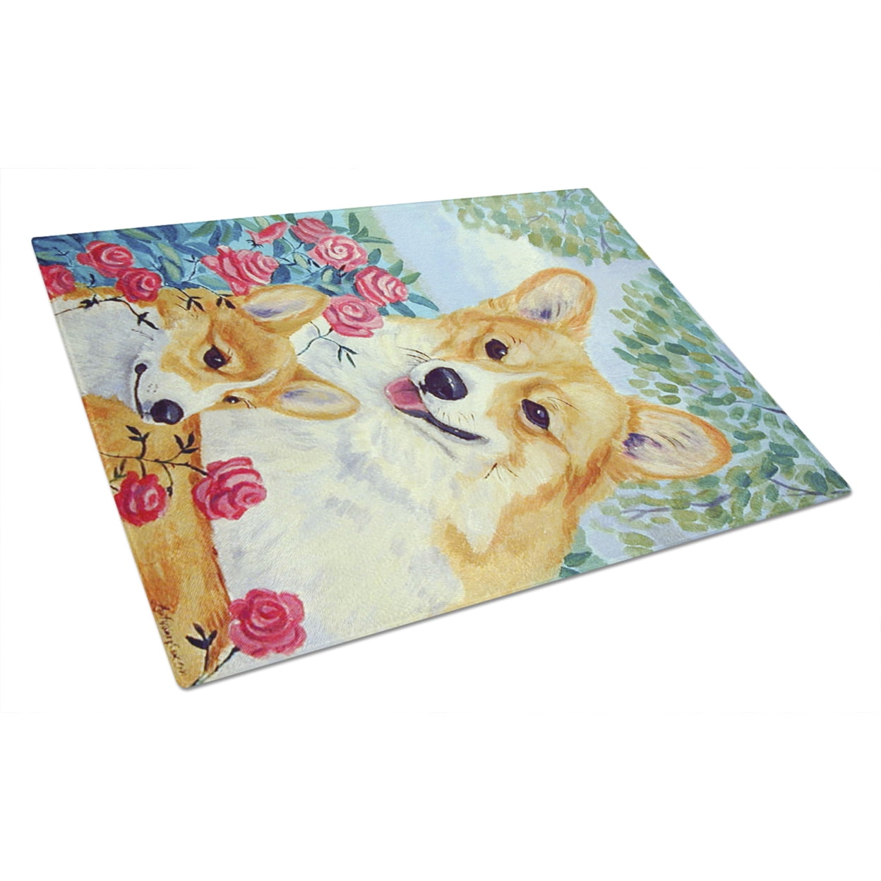 Caroline's Treasures Corgi Momma's Love and Roses Glass Cutting Board Large