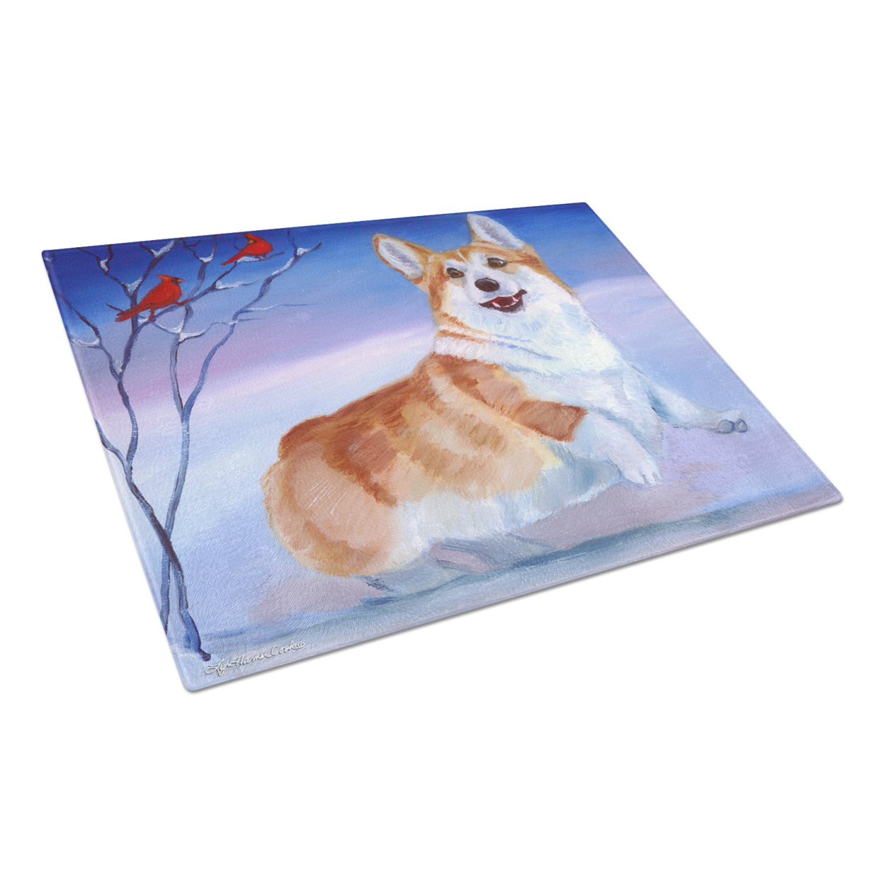 Caroline's Treasures Corgi Snow Cardinal Glass Cutting Board Large