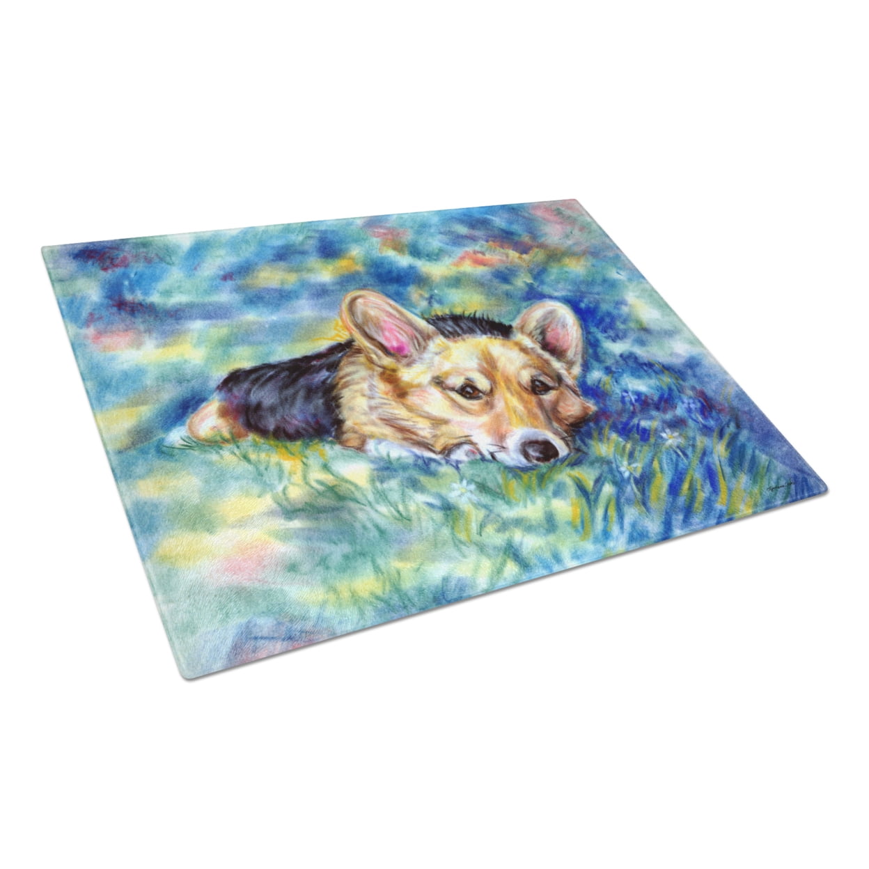 Caroline's Treasures Corgi Tuckered Out Glass Cutting Board Large