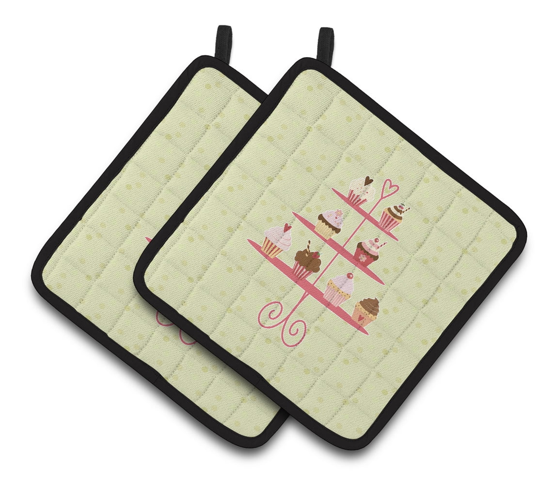 Caroline's Treasures Cupcakes 3 Tier Stand on Green Pair of Pot Holders