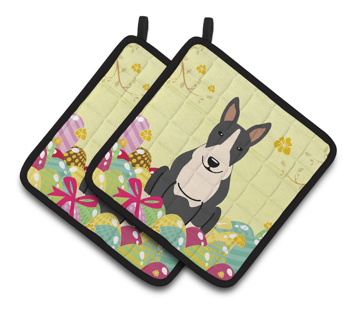Easter Bull Terrier Black Pair of Pot Holders