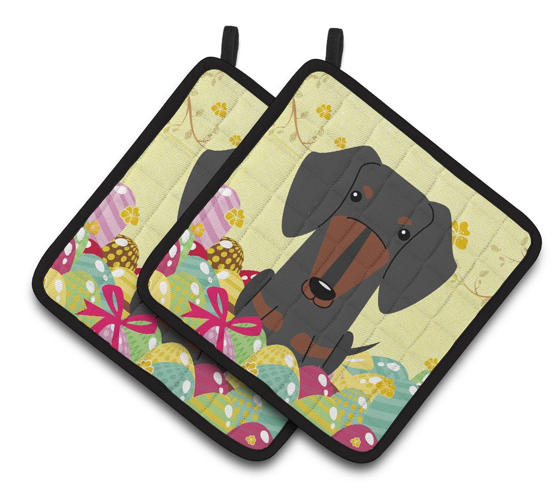 Easter Dachshund Black Tan Pair of Pot Holders