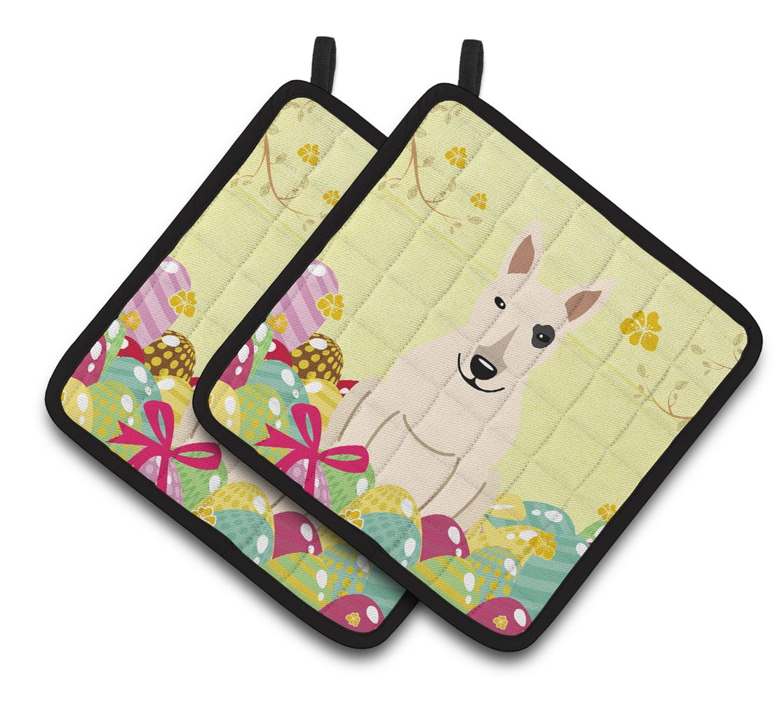 Easter Eggs Bull Terrier White Pair of Pot Holders