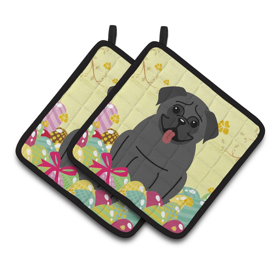 Caroline's Treasures Easter Eggs Pug Black Pair of Pot Holders