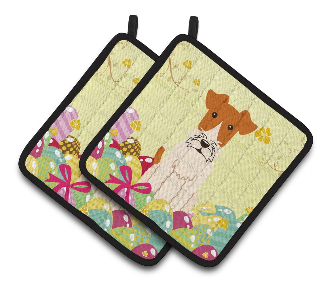 Caroline's Treasures Easter Eggs Wire Fox Terrier Pair of Pot Holders
