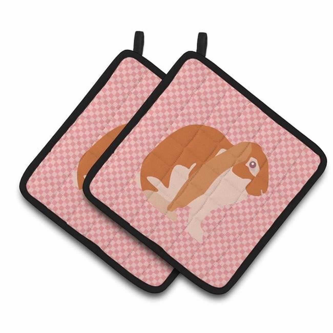 Caroline's Treasures English Lop Rabbit Pink Check Pair of Pot Holders