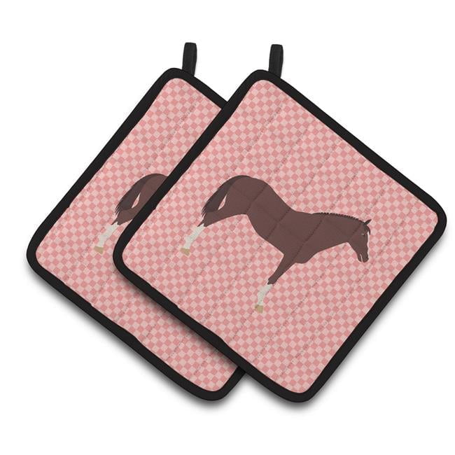 Caroline's Treasures English Thoroughbred Horse Pink Check Pair of Pot Holders
