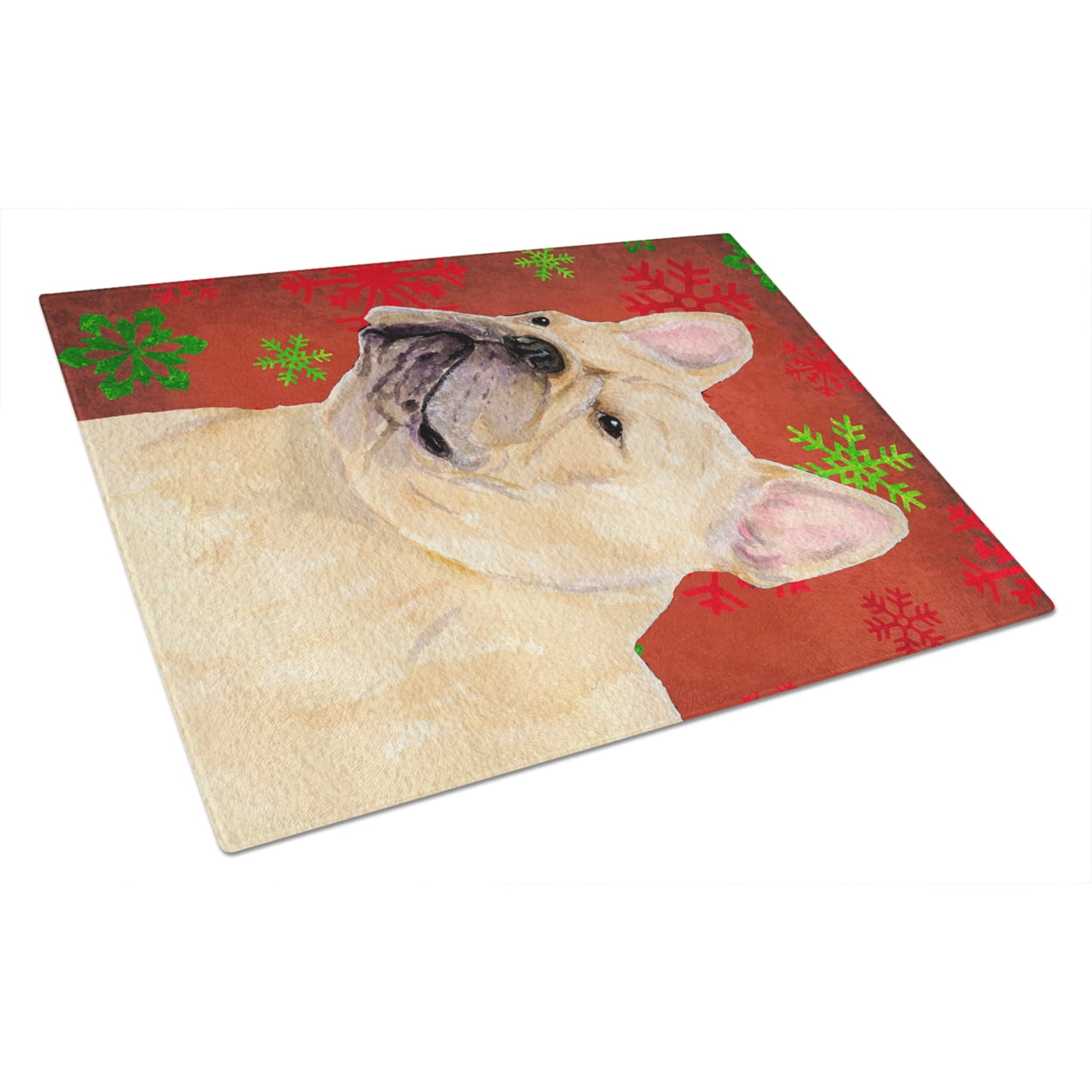 Caroline's Treasures French Bulldog Red and Green Snowflakes Christmas Glass Cutting Board Large