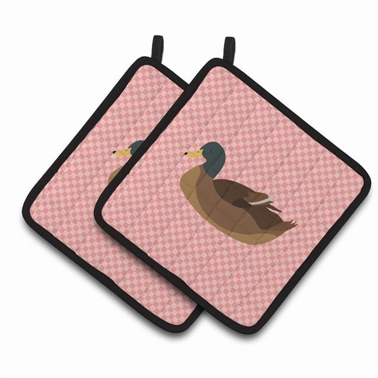 Caroline's Treasures Khaki Campbell Duck Pink Check Pair of Pot Holders