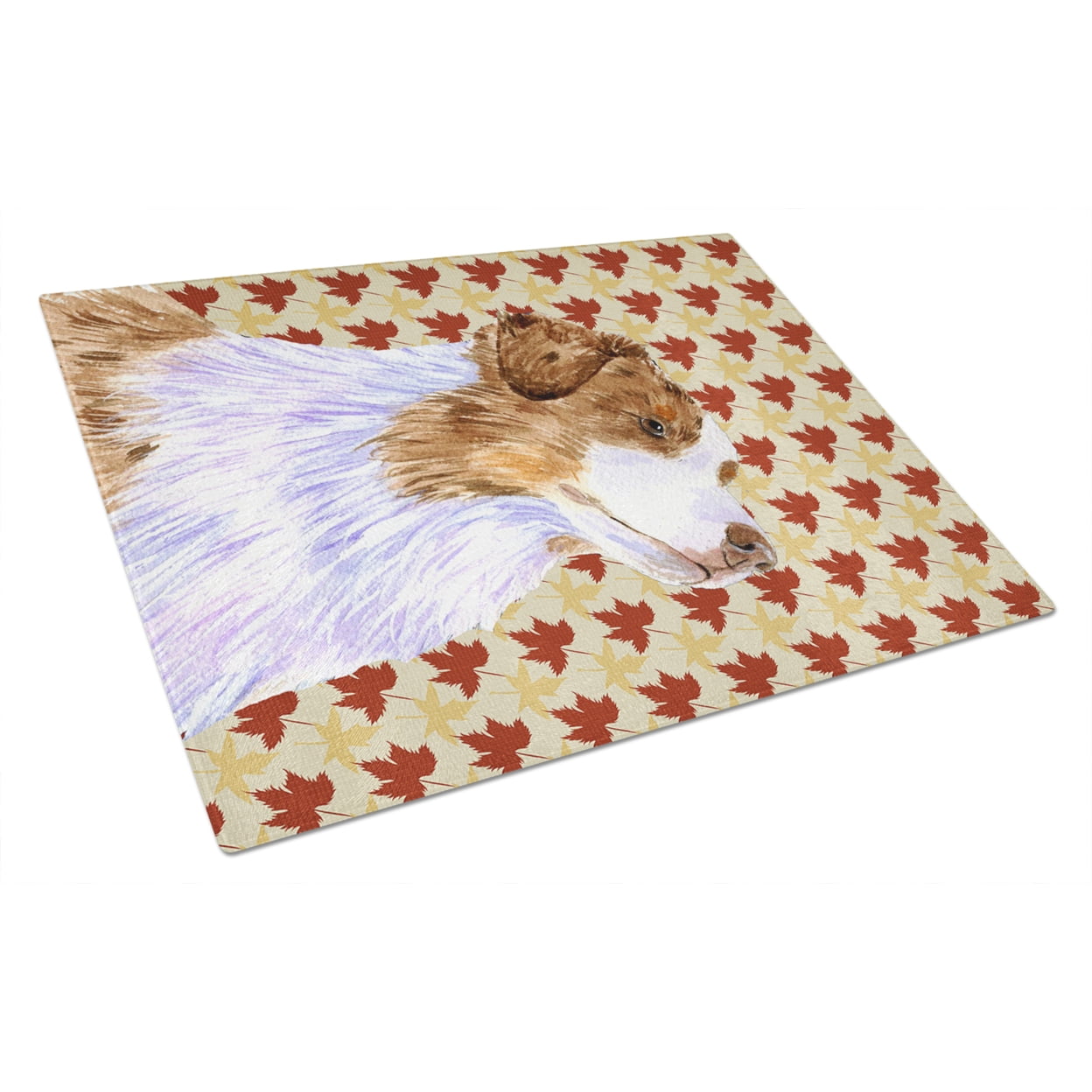 Caroline's Treasures LH9093LCB Australian Shepherd Fall Leaves Portrait Glass Cutting Board Large, 12H x 16W, multicolor