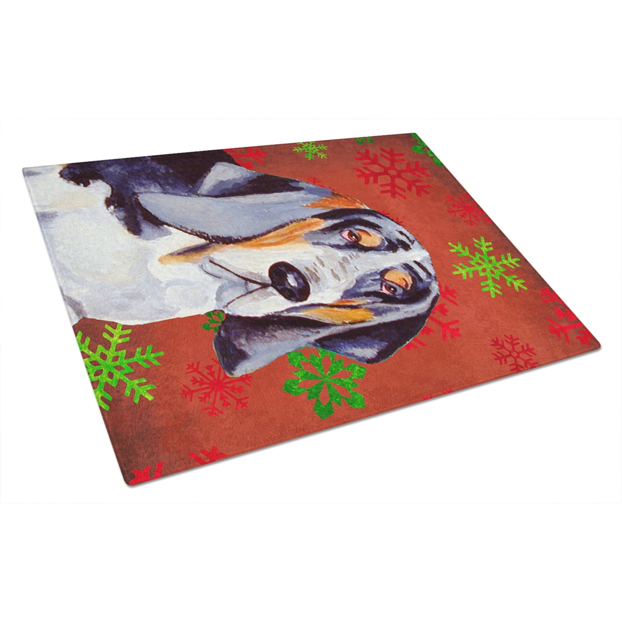 Caroline's Treasures LH9327LCB Basset Hound Red and Green Snowflakes Holiday Christmas Glass Cutting Board Large, 12H x