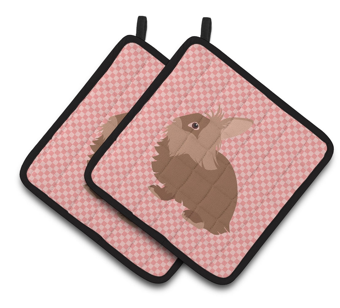 Caroline's Treasures Lionhead Rabbit Pink Check Pair of Pot Holders
