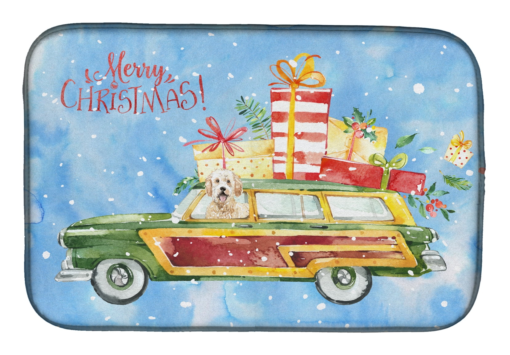 Merry Christmas Goldendoodle Dish Drying Mat