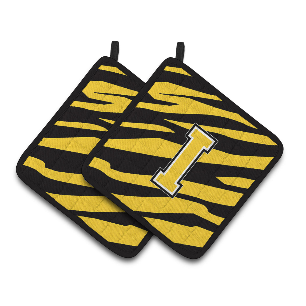 Caroline's Treasures Monogram Initial I Tiger Stripe - Black Gold Pair of Pot Holders