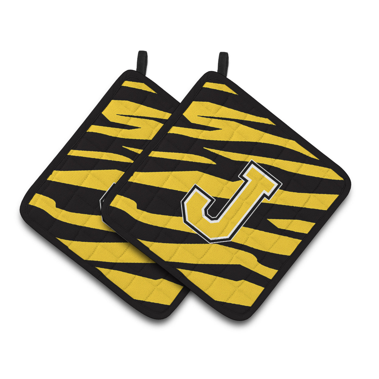 Caroline's Treasures Monogram Initial J Tiger Stripe - Black Gold Pair of Pot Holders