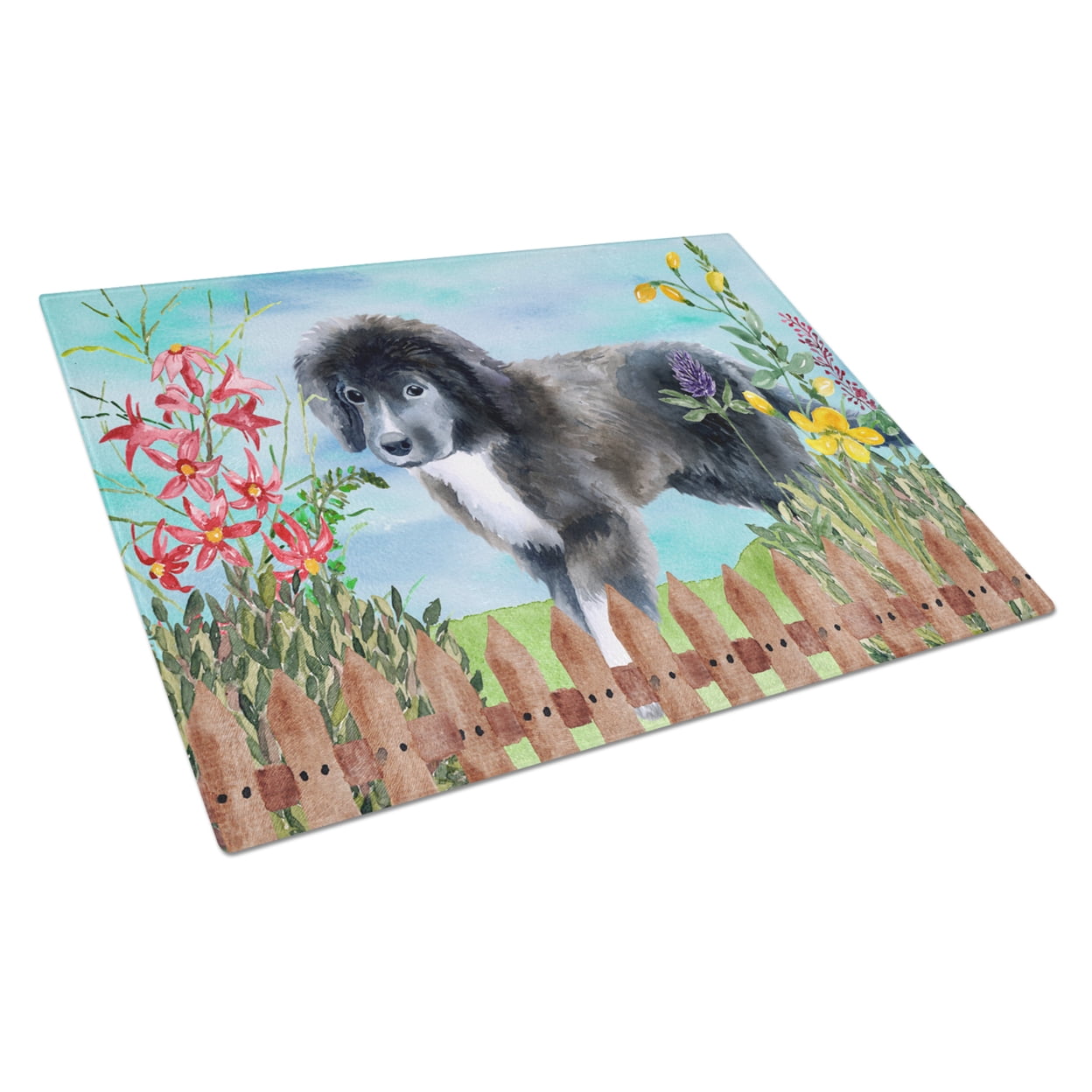 Caroline's Treasures Newfoundland Puppy Spring Glass Cutting Board Large
