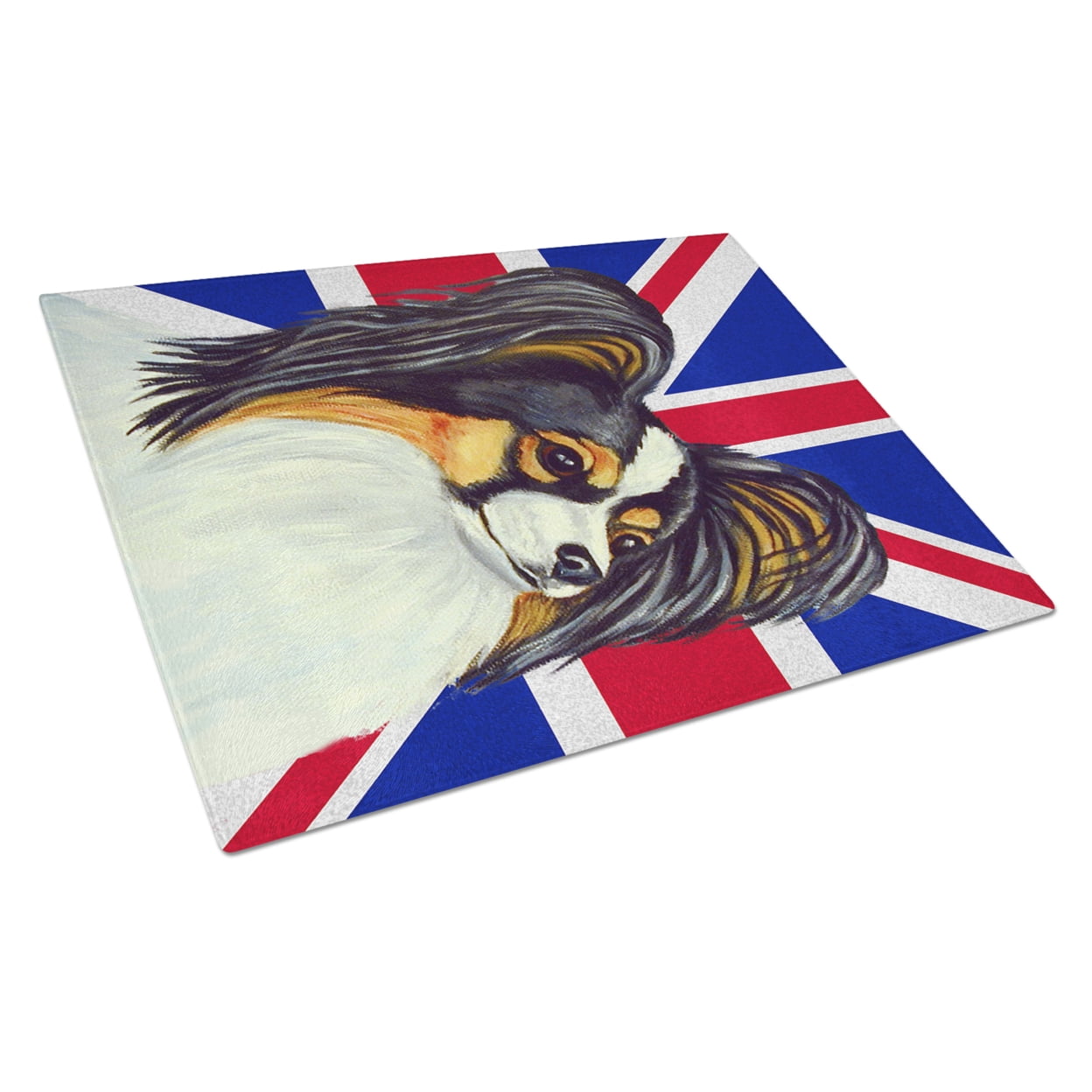 Caroline's Treasures Papillon with English Union Jack British Flag Glass Cutting Board Large Size