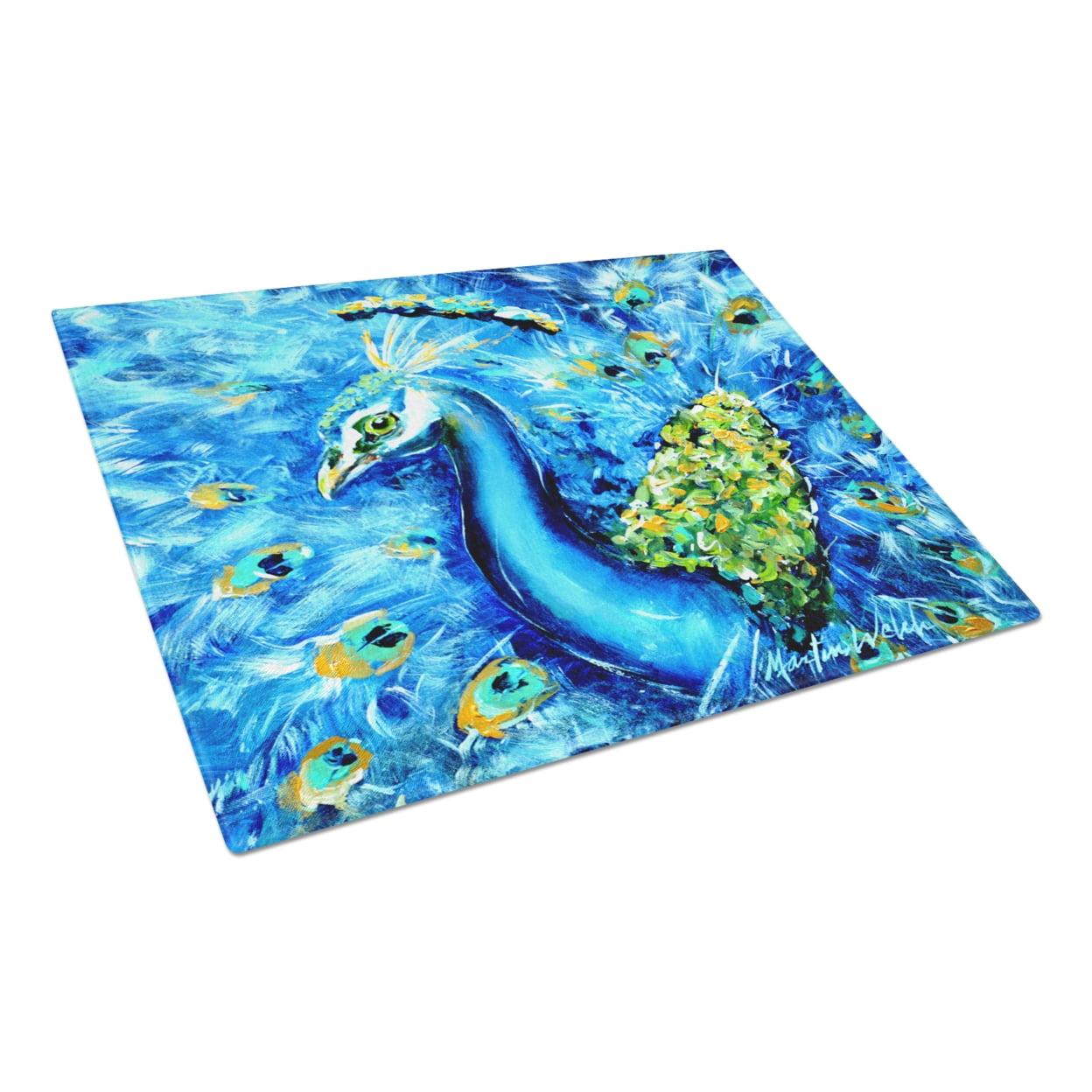 Caroline's Treasures Peacock Straight Up in Blue Glass Cutting Board Large Size