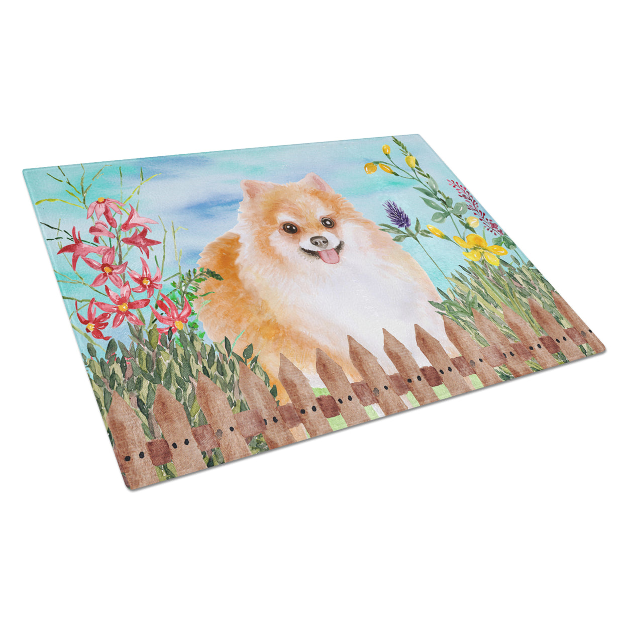 Caroline's Treasures Pomeranian #2 Spring Glass Cutting Board Large