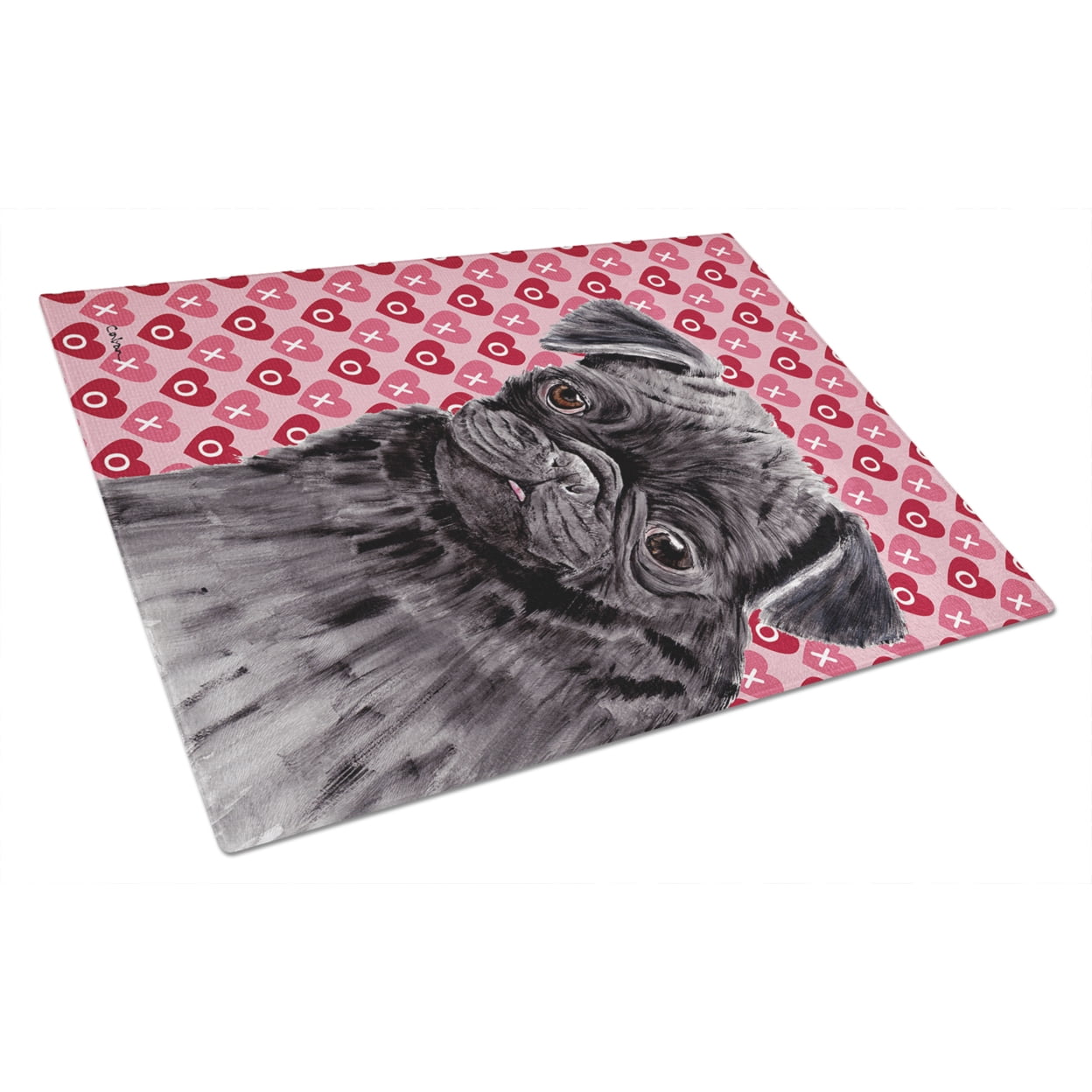 Caroline's Treasures Pug Black Hearts Love and Valentine's Day Portrait Glass Cutting Board Large