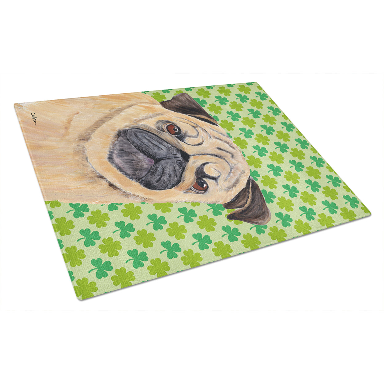 Caroline's Treasures Pug St. Patrick's Day Shamrock Portrait Glass Cutting Board Large