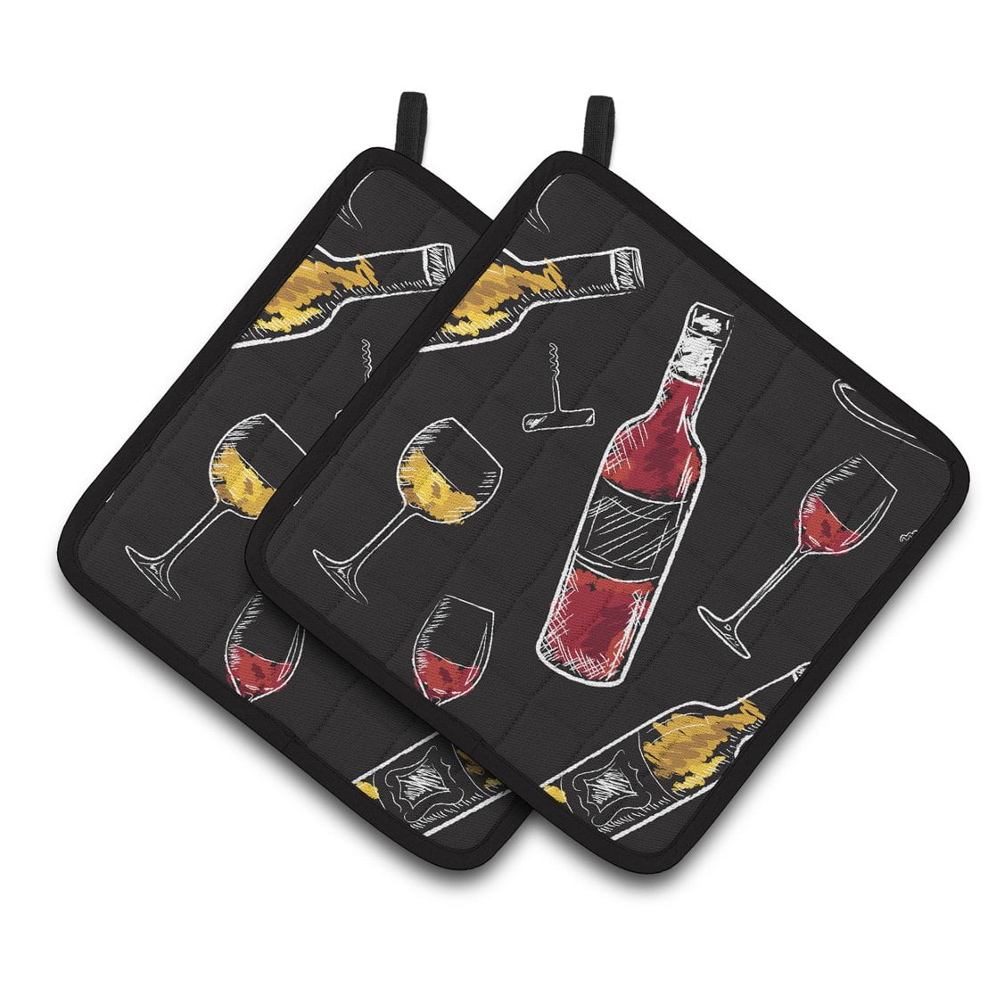 Caroline's Treasures Red and White Wine on Black Pair of Pot Holders