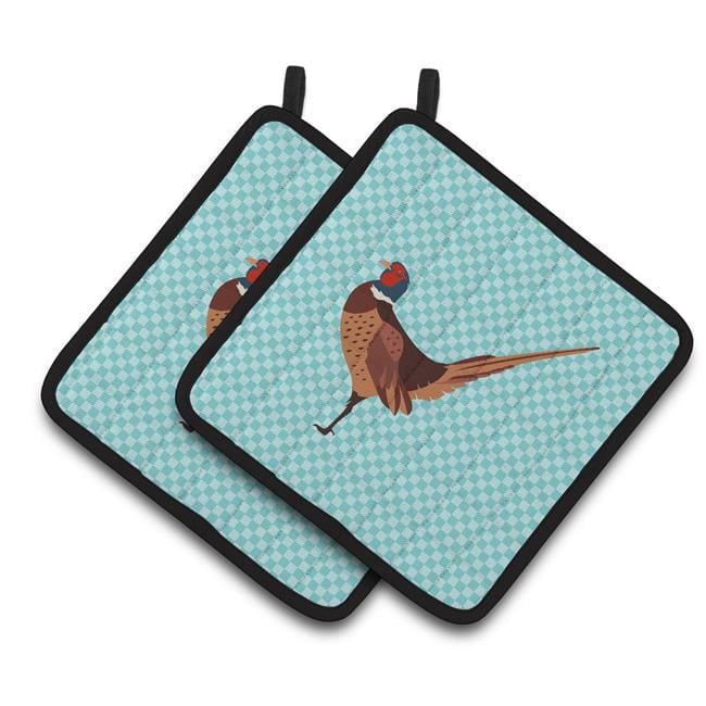 Caroline's Treasures Ring-necked Common Pheasant Blue Check Pair of Pot Holders